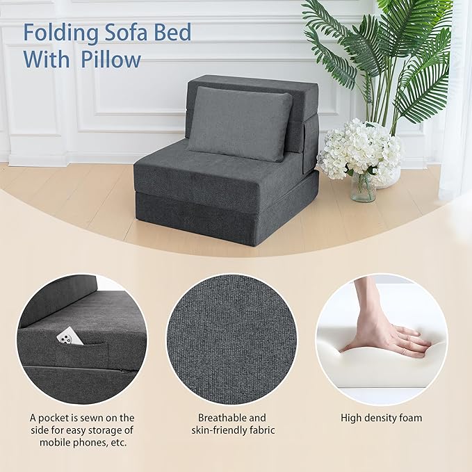Folding Sofa Bed Chair with Pillow,Convertible Fold Out Chair Bed Sleeper,Foam Floor Mattress, Foldable Futon Couch Bed for Living Room/Dorm/Guest/Office (Grey, Single)