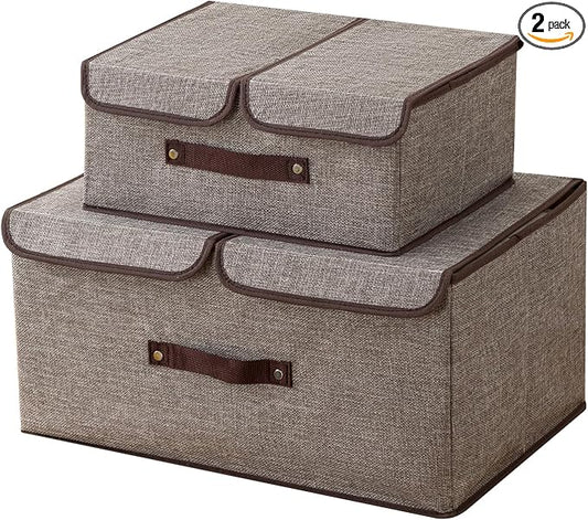 Linen Fabric Storage Bins with Lids and Dividers 2-Pack, 15L Collapsible Closet Organizers, Foldable Divided Boxes for Clothes, Beige Linen Closet Organization(Grey)