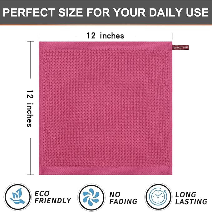 Kitinjoy 100% Cotton Kitchen Dish Cloths (12 X 12 Inches, Hot Pink), 8 Pack Waffle Weave Ultra Soft Absorbent Dish Towels for Drying Dishes Quick Drying Kitchen Towels Dish Rags