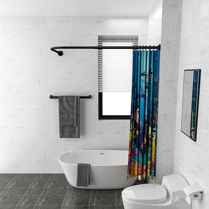 Adjustable Corner Shower Curtain Rod L Shaped Black Stretchable 304 Stainless 27"- 39"X47"- 65" Drill Free Install for Corner Bathtub with Free Hooks