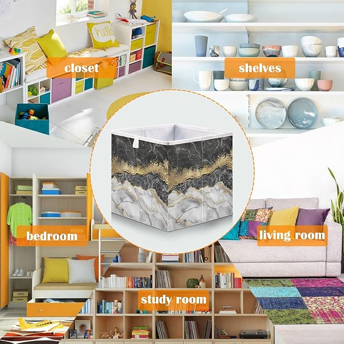 Bolaz Gold Black Marble Closet Organizers Storage Cubes Storage Bins Shelf Baskets Containers for Home Kids Room Toys Office,Square