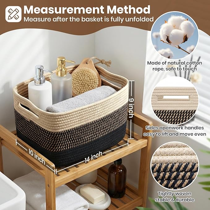 Storage Baskets for Organizing, 14 x 10 x 9” Closet Shelf Woven Baskets, Square Bins with Handles, Cotton Rope Basket for Toys, Clothes, Office, Room, Black+Brown 1Pack
