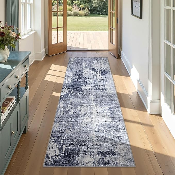 Washable Runner Rug for Hallway: 2x6 Neutral Modern Abstract Low Pile Area Rug with Non-Slip Backing - Carpet for Bedroom Kitchen Laundry Entryway Bathroom Indoor - Navy Blue