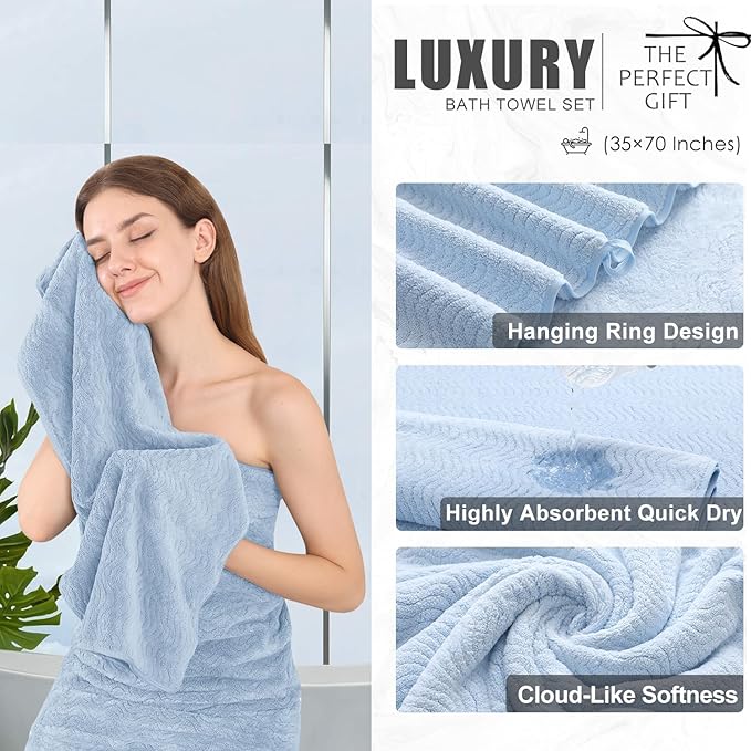 8 Piece Bath Towel Set Blue — 2 Oversized Large Bath Sheet,2 Hand Towels,4 Washcloths — Ultra Soft Cozy Bath Towel Set for Bathroom Hotel Gym Spa,Highly Absorbent & Quick Dry Bathroom Towel Collections