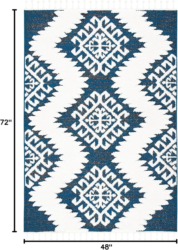 SAFAVIEH Moroccan Tassel Shag Collection Accent Rug - 4' x 6', Navy & Ivory, Non-Shedding & Easy Care, 2-inch Thick Ideal for High Traffic Areas in Entryway, Living Room, Bedroom (MTS652N)