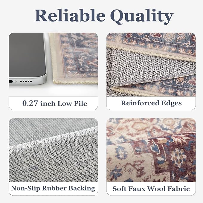 8x10 Maroon Blue Rugs for Living Room, Transitional Medallion Washable Large Rug for Bedroom Under Bed, Modern Vintage Distressed Low Pile Thin Soft Carpet Rugs for Dining Room Office