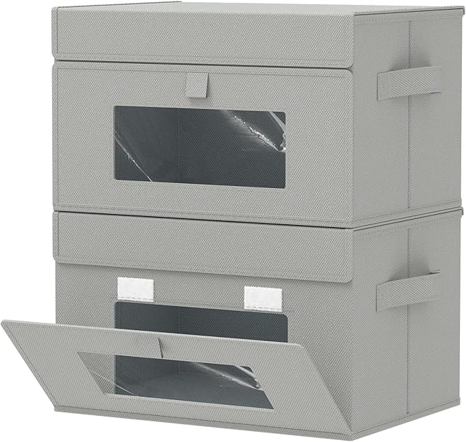 Storage Bins with Lids, Cube Organizer Basket with Window, Closet Boxes with Carrying 2 Handles and Sturdy PP Support Plate, 2 Pack, Grey, 13 x 9 x 7.9 In, XSNY17GM-2