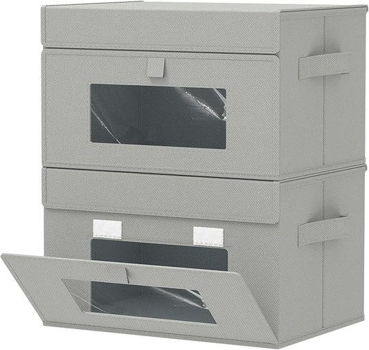 Storage Bins with Lids, Cube Organizer Basket with Window, Closet Boxes with Carrying 2 Handles and Sturdy PP Support Plate, 2 Pack, Grey, 13 x 9 x 7.9 In, XSNY17GM-2