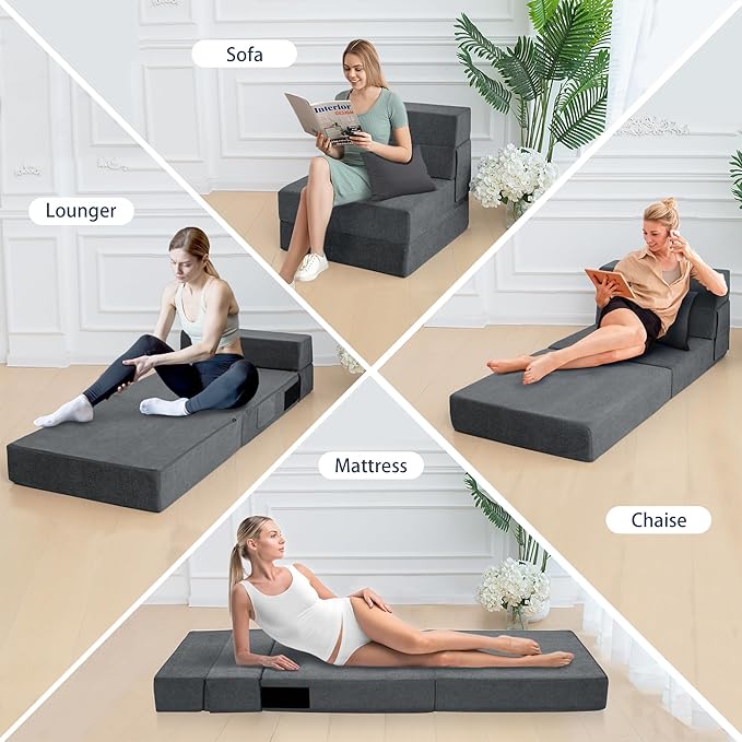 Folding Sofa Bed Chair with Pillow,Convertible Fold Out Chair Bed Sleeper,Foam Floor Mattress, Foldable Futon Couch Bed for Living Room/Dorm/Guest/Office (Grey, Twin)