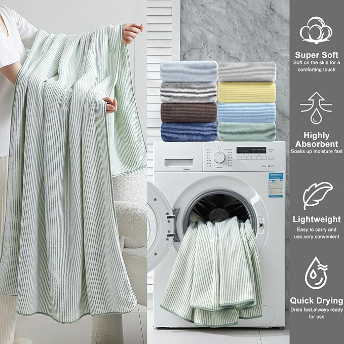 8-Piece Premium Towel Set for Bathroom|2 Oversized Large Bath Sheet,2 Hand Towels,4 Washcloths|Soft Cozy Highly Absorbent Fast Dry Microfiber Shower Towel Set for Hotel Bathroom Essentials,Green White