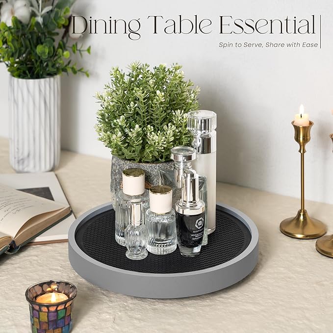 EOSAHR Farmhouse Non-Skid Wooden Lazy Susan for Countertop – 10.5" Lazy Susan Organizer as Spice Rack & Bathroom Counter Organizer with Rubber Mat - Perfect for Kitchen Counter Tray (Gray)