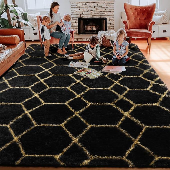 ONASAR 8x10 Area Rugs for Living Room, Fluffy Black and Gold Bedroom Rug, Geometric Boho Large Soft Plush Shaggy Fuzzy Floor Carpet for Nursery Kids Classroom Playroom Dorm Home Decor