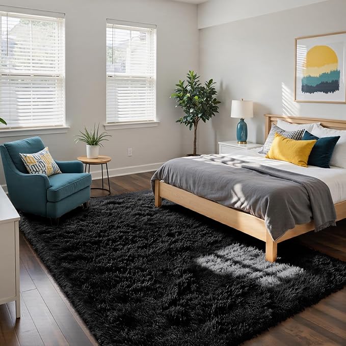 Fluffy Rug Shaggy Area Rug, Black 5x8 Area Rugs for Bedroom, Small Bedside Rug, Soft Fluffy Shaggy Entryway Throw Rugs for Living Room Bedroom Kids Room Home Decor