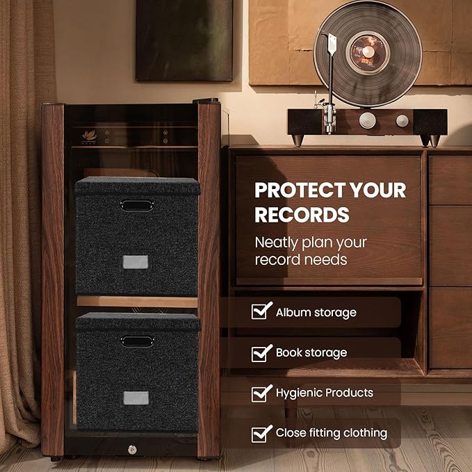 Sturdy Vinyl Record Storage Box - Album Storage Holds up 50+ Single Record, LP Storage Organizer Crate With Lid, Decorative Moving Box For Records, Solutions to Protect Your Precious Collection Black