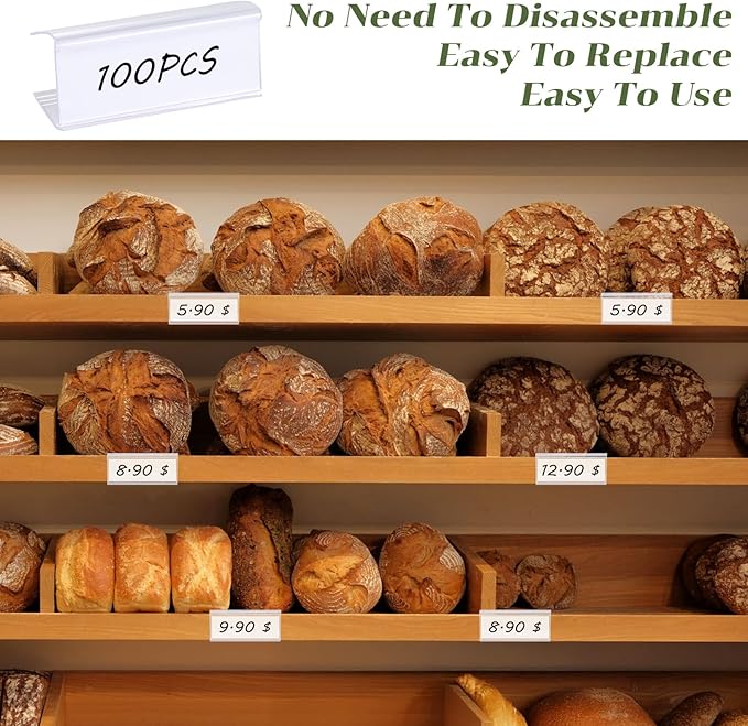 100Pcs Shelf Label Holders, Clear Plastic Price Tag Sign for Counters, Warehouses, Bookshelf Shelves, Wire Wood Shelf Sign and Ticket Holder 2.4 in L x 1 in H Clips On to Shelves 3/4" to 1" Thick