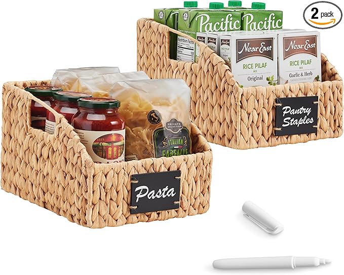 Best Choice Products Natural Hyacinth Angled Pantry Storage Baskets, Woven Wicker Storage Bins w/Handles, Storage Container Baskets for Shelves, Chalkboard Label & Marker (Pack of 2) - Natural