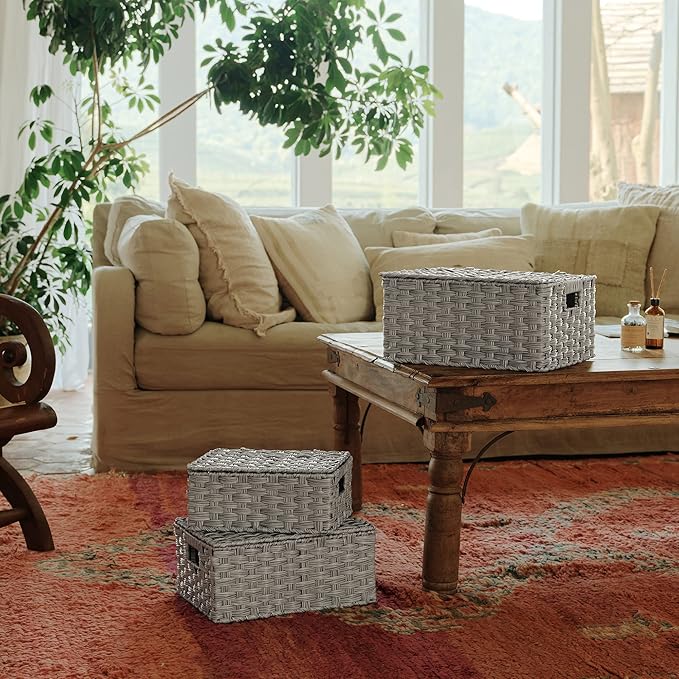 GRANNY SAYS Wicker Storage Baskets, Decorative Boxes with Lids, Set of 3 Nesting Wicker Baskets for Organizing, Gray, 3-Pack