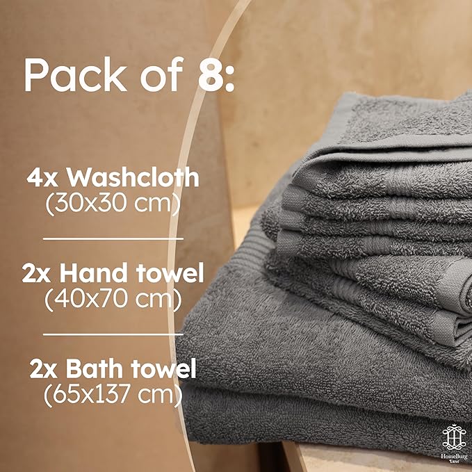 Luxe Set – Washcloths (30 x 30cm), Hand Towels (40 x 70cm) & Bath Towels (65 x 137 cm) – 100% Cotton, Soft, Absorbent, Easy Care, Versatile, (Stone Grey)