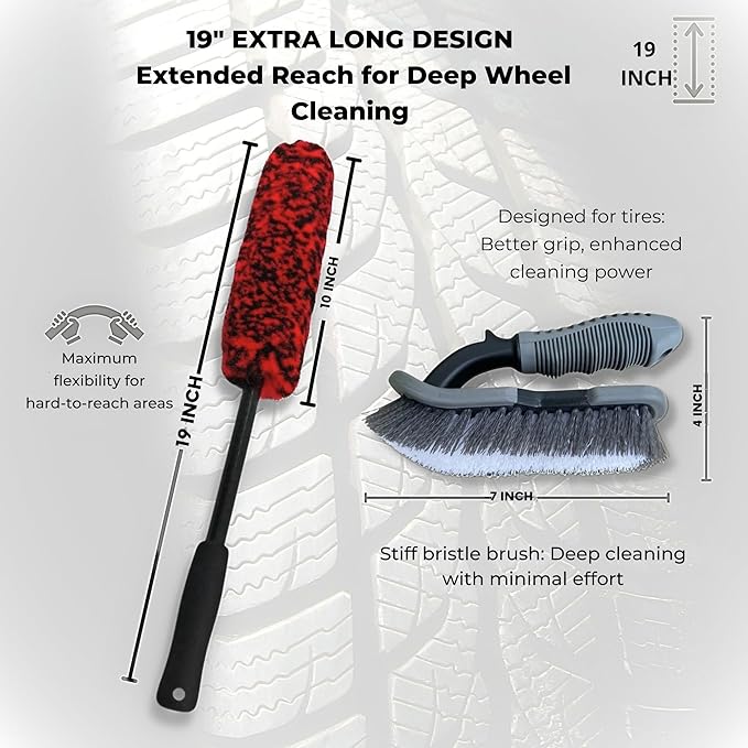 Car Wheel Brush & Wheel Barrel Brush Kit – 19" Soft Non-Scratch Microfiber Rim + Stiff-Bristle Scrubber for Tires, Rubber Mats & Motorcycles – Tire Brushes for Cleaning Tires