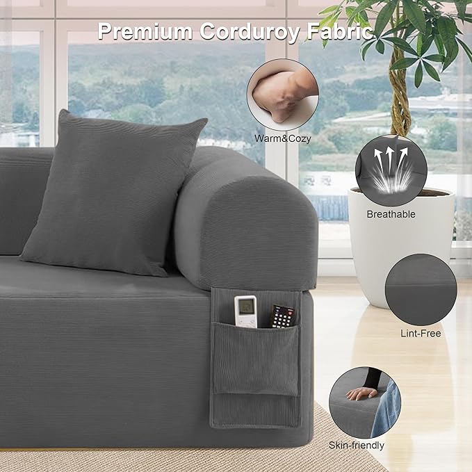 83'' Boneless Sofa in A Box, 3-Seater Floor Sofa No Assembly Corduroy Couch for Living Room, Cloud Couch with 2 Pillows & Storage Bag, Memory Foam Small Floor Couches for Office, Dark Gray