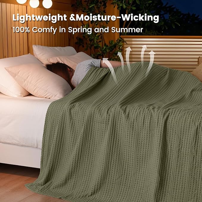PHF Lightweight Waffle Weave Blanket King Size 104"x 90", Soft Woven Summer Blanket for Hot Sleepers - Aesthetic Home Decor for Couch Bed Sofa, Pet Friendly, Olive Green