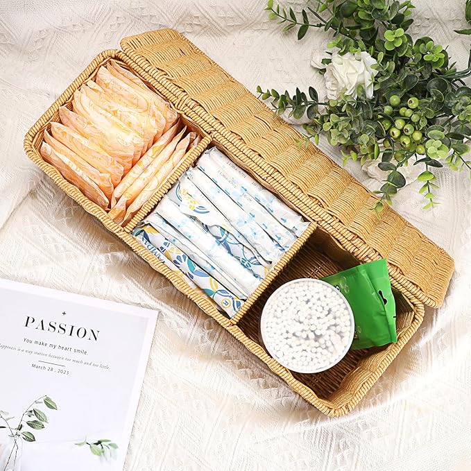 Sumnacon Wicker Storage Basket with Lid, Rectangular Narrow Baskets for Bathroom, Farmhouse Imitation Rattan Bin with Dividers, Decorative Handwoven Tray Organizer for Countertop Shelves Toilet Tank