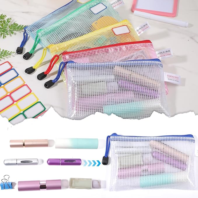 60 Pcs Mesh Zipper Pouch with 72 Labels, Plastic Clear Storage Bags Organizer Set for Travel, Jewelry, Crafts, Office Supplies - 5 Colors, 7.1x4.7 Inch