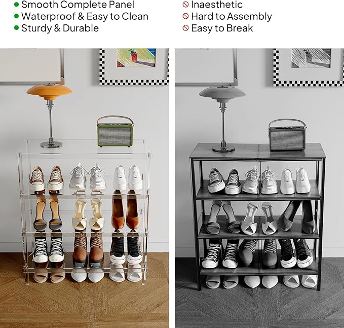 Aquiver 4-Tier Acrylic Shoe Rack - Shoe Rack Organizer - Modern Shoe Storage Shelf, Holds 12-16 Pairs of Shoes for Entryway, Closet - 25.6'' L x 11.8'' W x 28.3'' H, Clear, Easy Assembly & Clean