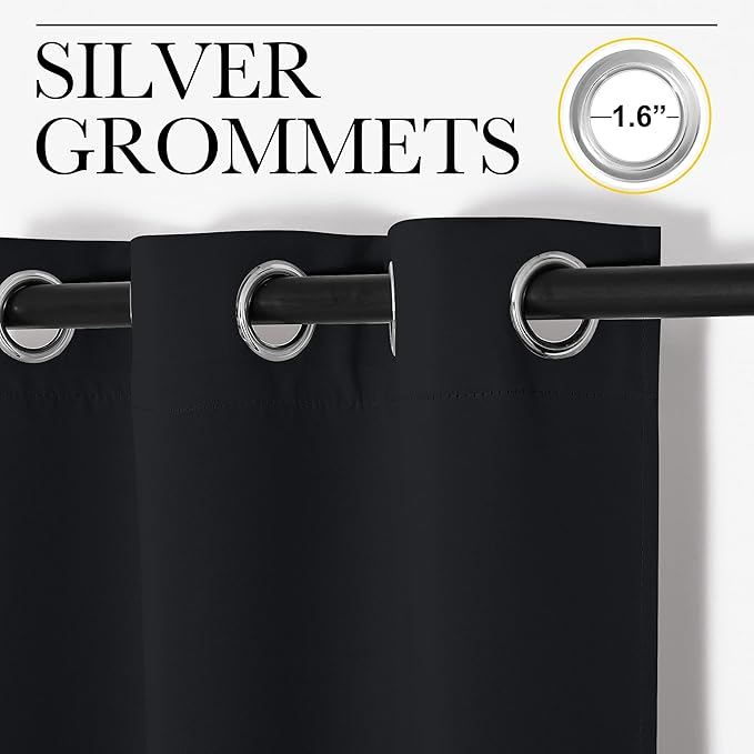 NICETOWN Living Room Blackout Curtains and Drapes, Black Solid Thermal Insulated Grommet Blackout Drapery Panels for Window (2 Panels, 34 inches Wide by 63 inches Long, Black)