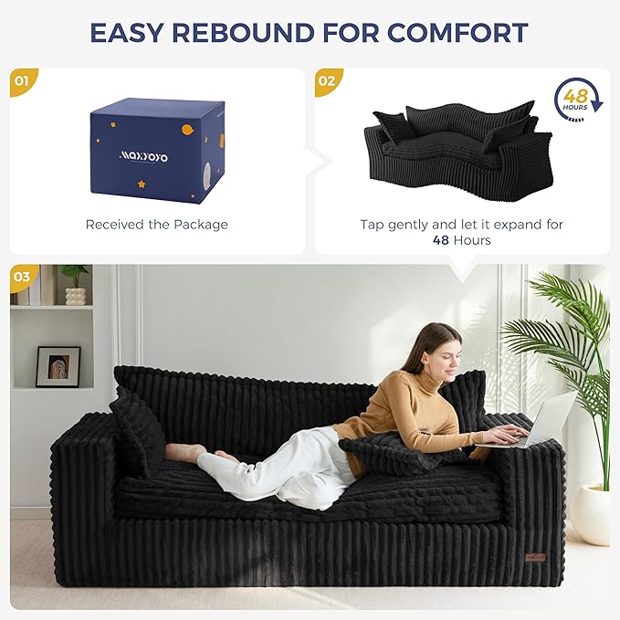 MAXYOYO 76" Bean Bag Sofa Couch, Loveseat Boneless Couch in a Box, Upholstered Small Mini Sofa for Living Room Bedroom Office Apartment, No Assembly, Black