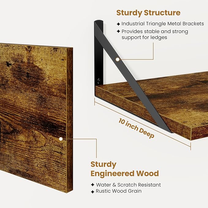 48inch Floating Shelves for Wall,10" Deep Floating Shelves with Metal Brackets,Wall Mounted Hanging Floating Shelf,Wide Display Shelves for Living Room,Bedroom,Office,Kitchen,Rustic Brown