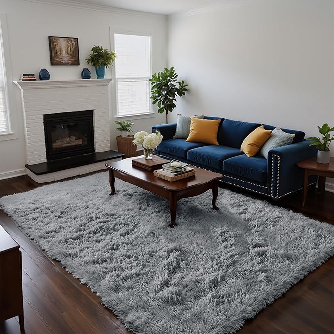 Fluffy Rug Shaggy Area Rug, Light Grey 6x9 Area Rugs for Living Room, Large Shag Area Rugs for Bedroom Kids Room Home Decor, Upgrade Anti-Skid Rectangular Fuzzy Rugs