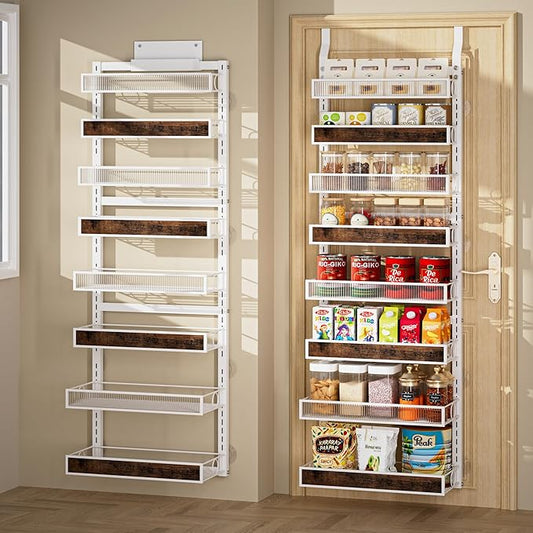 8 Tier Over the Door Pantry Organizer 2 IN 1 Hanging or Wall Mounted Spice Rack with Adjustable Basket,Heavy Duty Seasonning Storage Shelf for Kitchen Pantry and Bathroom