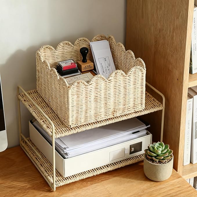 Scalloped Edge Basket, Wicker Storage Baskets, Hand Woven Baskets for Shelves,Natural Baskets for Organizing (Rattan(S-9.5" L x 9.5" W x 5.6" H))