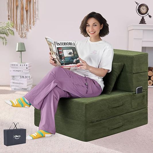 Folding Sofa Bed, 4 in 1 Convertible Sleeper Chair with Pillow, Single Memory Foam Fold Out Chair Bed, Modern Floor Futon Sofa Couch Mattress for Living Room/Guest/Apartment, Green | Convertible, Compressed sofa, Large storage bag