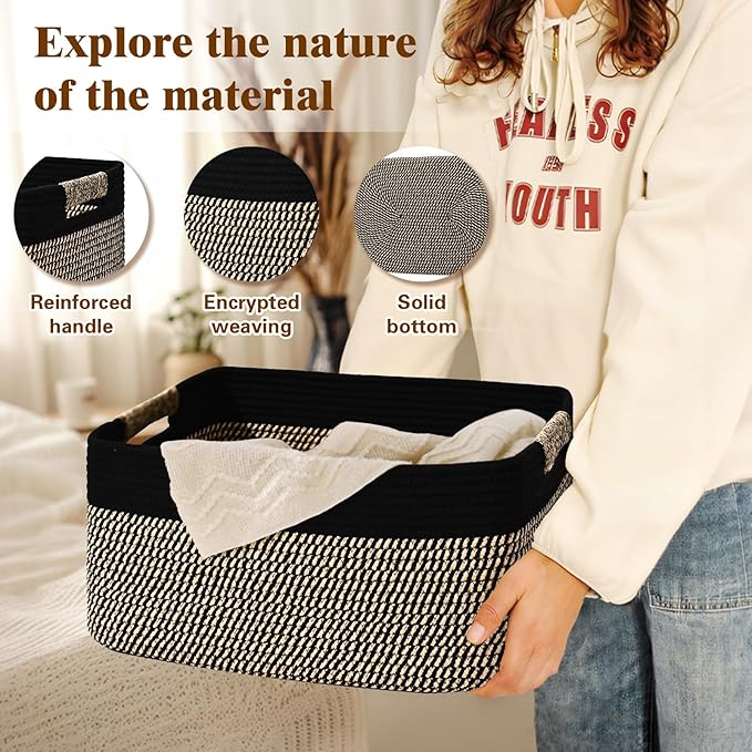 4 Pack Large Storage Basket for Organizing, 17.5"x13"x7" Woven Basket for Shelves, Closet Cube Storage Bins with Wrapped Handle, Cotton Rope Baskets for Kitchen, Clothes, Toys(Black & Brown)