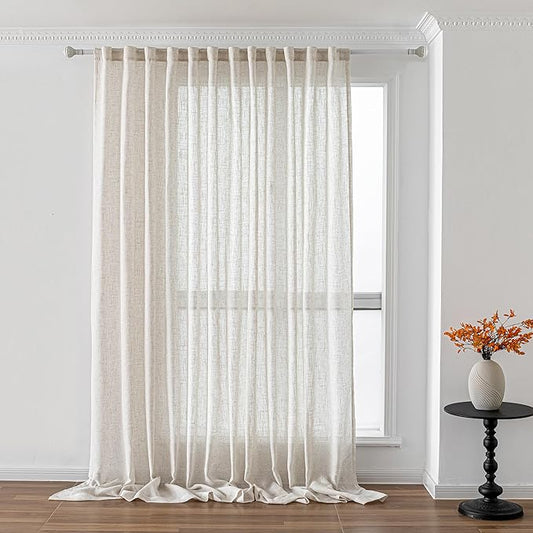 MYSKY HOME Linen Curtains 95 Inches Long for Sliding Glass Door, Farmhouse Semi Sheer Ceiling Curtains Living Room Light Filtering Back Tab Elegant Style Soft Fabric, 100" x 95", Linen, 1 Panel