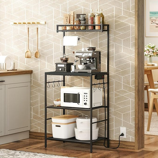 Bakers Rack with Power Outlet, Microwave Stand with Paper Holder, Bakers Rack with Storage, Coffee Bar Station with 6 Hooks, for Kitchen, Dining Room, Black BRBK36E01