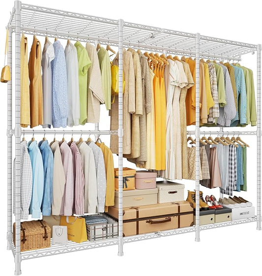 E14 Pro Heavy Duty Clothes Rack，Freestanding Clothing Racks for Hanging Clothes，Adjustable Closet Organizers and Storage，Metal Garment Rack with Shelves 69"W x16"D x77"H，Max Load 960LBS，White