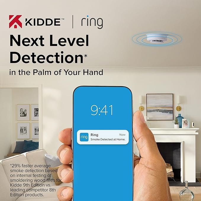 Kidde Smart Smoke Detector, Ring App Enabled for Real-Time Notifications, Hardwired Alarm, AA Backup Battery