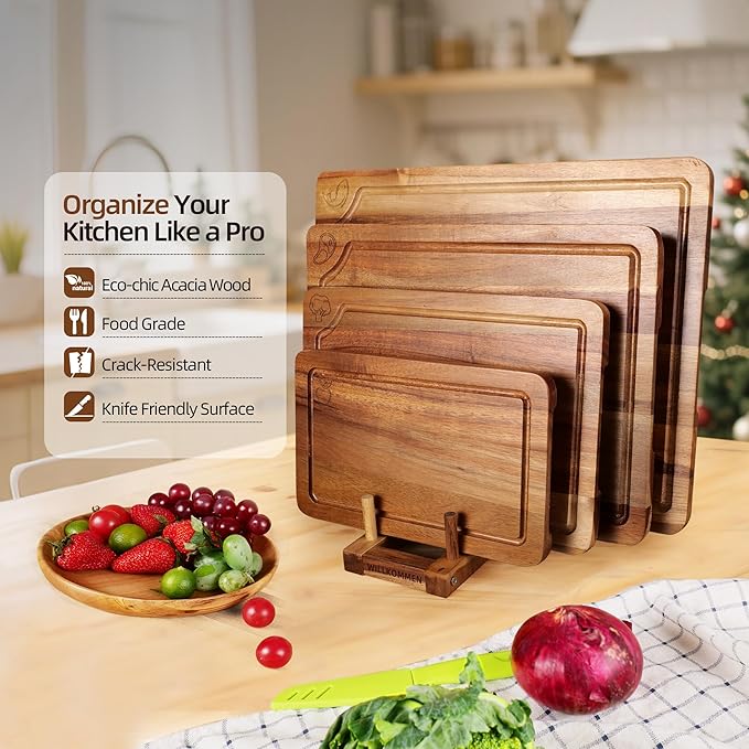 Acacia Wood Cutting Boards Set for Kitchen, 4-Piece Chopping Board Set with Food Icon (Meat, Fish, Vegetables, Fruits) Wooden Butcher Block with Stands & Juice Groove (S,M,L,XL)