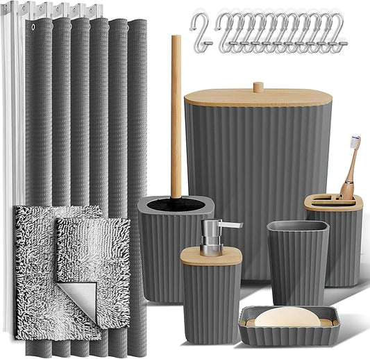 Clara Clark Bathroom Accessories Set - Bathroom Set, Bathroom Sets with Shower Curtain and Rugs, Shower Curtain Set with Bathroom Trash Can - Ombre Grey - 22PC