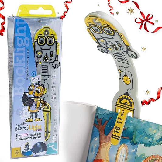 Gifts for Readers & Writers Book Light for Kids, Clip On Reading Light for Bed, 2in1 Flexilight Pals & Bookmark, Small & Lightweight with a Soft Glow, 2 Batteries Included, Robot Grey