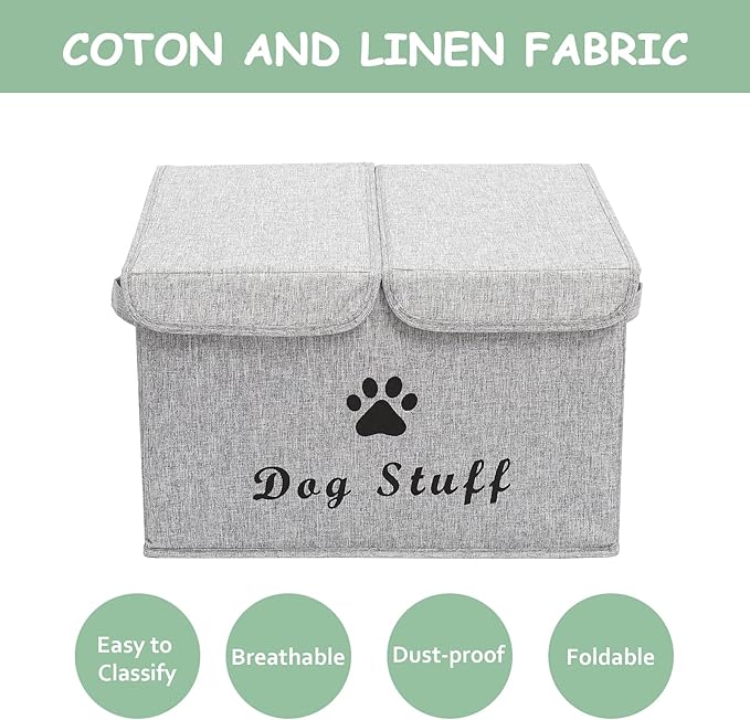 Geyecete Large Storage Boxes - Large Linen Fabric Foldable Storage Cubes Bin Box Containers with Lid and Handles for Dog Apparel & Accessories, Dog Toys(Snow Grey)