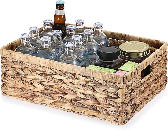 Hipiwe Wicker Basket for Shelf Organizing, Storage Basket Bins with Built-in Handles, Handwoven Water Hyacinth Baskets Rectangular Decorative Baskets Bin,15.9"x12"x5.9"