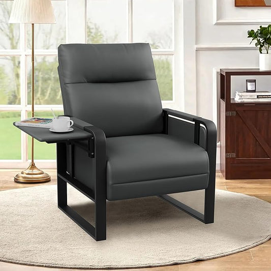 Modern Faux Leather Accent Chair Upholstered Armchair with Side Table for Bedroom Living Room Chairs Office Chair Grey Leisure Chair