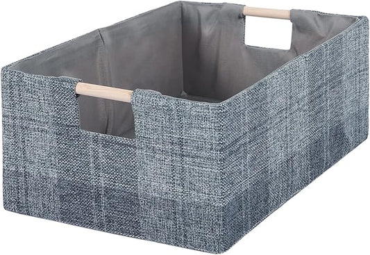 Fabric Storage Bin Box Collapsible Cotton Linen Storage Cube with Wooden Handles Rectangular Decorative Home Organizer Clothes Blanket Basket– Dark Gray Plaid, Large