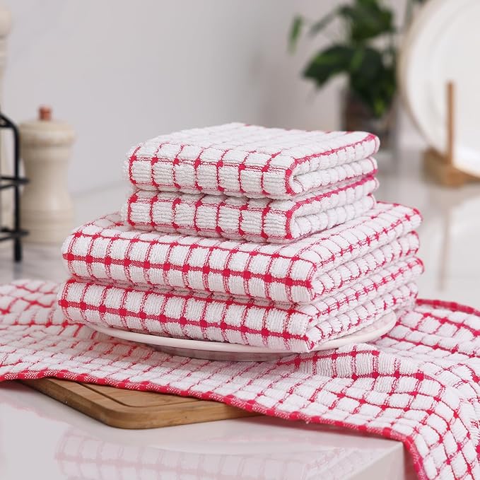 Homaxy Kitchen Towels and Dishcloths Set, 16 x 25 and 12 x 12 Inches, Set of 8 Cotton Terry Kitchen Dish Towels, Super Soft and Absorbent Dish Cloths, Red
