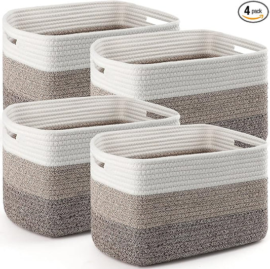 4 Pack Storage Baskets for Organizing, 12''Lx10''Wx8''H Woven Baskets for Storage Toys, Towels, Books, and Clothes, Cotton Rope Basket for Shelves with Handle White & Brown