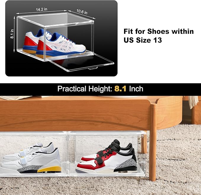 2 Pack Plastic Shoe Storage Boxes Fit US Size 13, Clear Stackable Shoe Display Case with Magnetic Acrylic Door, Shoe Containers for Sneaker Storage, Hats, Figure, Collectible
